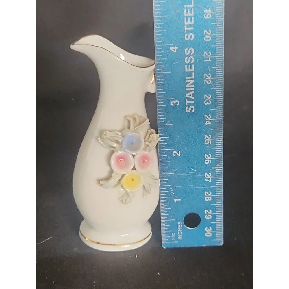 Cream Porcelain Pitcher Vase with Pastel Floral Appliqués and Gold Trim